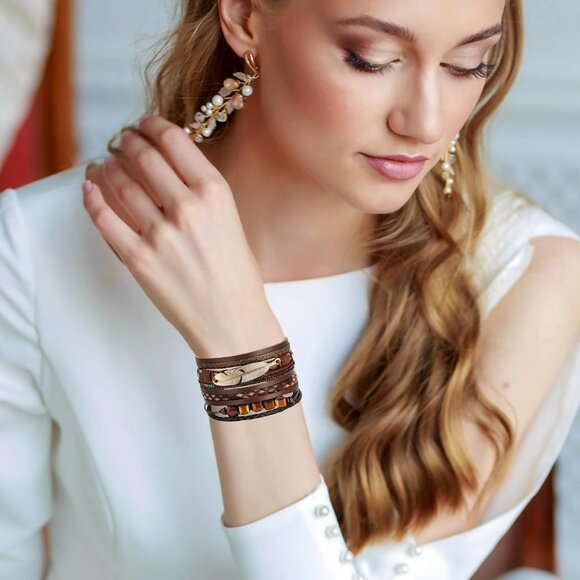 Leopard Bracelet for Women, Boho Leather Wrap Multi-Layer Pearl Crystal Bracelet - Picture 2 of 7